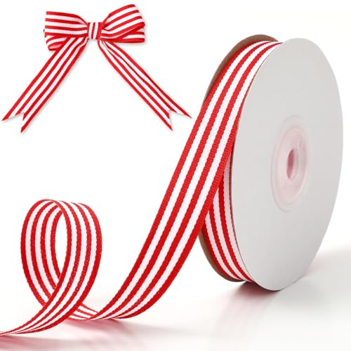 Sepglitter 15 Yards Red White Striped Ribbons, 15Mm Wide Christmas Grosgrain Craft Ribbon Xmas Candy Cane Fabric Ribbons For Holiday Gift Wrapping Decorations
