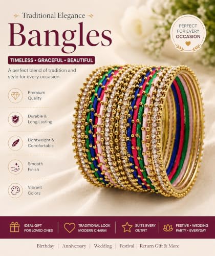 Image of NMII Non-Precious Metal with Base Metal and Zircon Gemstone Studded Ball Chain Linked Glossy Finished Silk thread Bangle set for Women and Girls