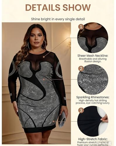 Image of IyMoo Womens Sexy Plus Size Long Sleeve Rhinestone Mesh See Through Bodycon Party Club Mini Dress Clubwear