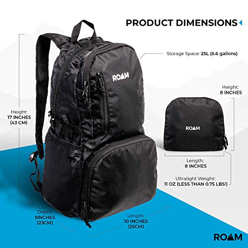 Roam 25L Hiking Daypack, Lightweight Packable Backpack, Rainproof, For Travel, Camping, Foldable, Durable, Water Resistant Ultra Light - True Black #TOP1