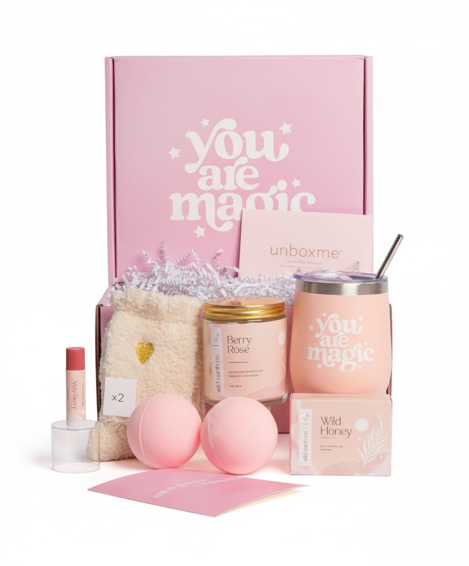 Unboxme Gifts For Women - Birthday Edition | Gift Box For Her | Thinking Of You Gift Basket with Mug, Scented Candle, Bath Bombs, Soap + More | Unique Gift Ideas You Are Magic - Gift Set (Pink)