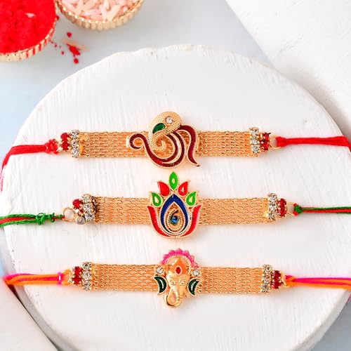 Image of CraftVatika Rakhi Set for Brother | Rakhi for Brother Set of 3, Ganesha, Om and lotus rakhi for Bhai Boy Men Bhaiya | Bracelet Rakhis, Rakshabandhan Rakhis with Best Wishes Card Tilak Set