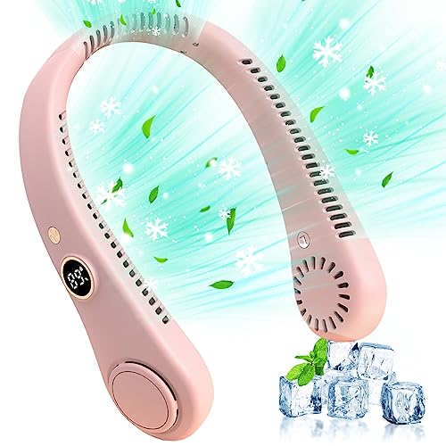 Warmfunn Tragbarer Mini Hals Ventilator USB mit 360° Luftstrom, Tragbarer Halsventilator 1500mAh Akku Faltbarer Hals Ventilator mit 5 Einstellbare Geschwindigkeiten, LED- Anzeige USB Ventilator (Rosa)
