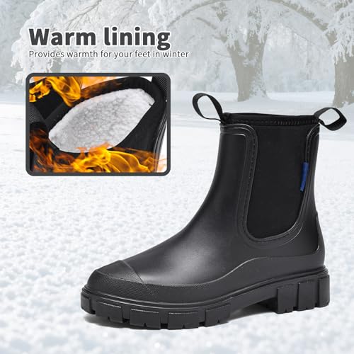 GemChve Gummistiefel Damen Winter, Chelsea Boots Gefüttert Wasserdicht, Gummistiefeletten Halbhohe Gartenschuhe, Rutschsicher Regenschuhe, Abriebfest Komfort Schlupfstiefel Black 38 EU