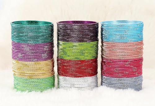 Image of NMII Stylish Multi colour Metal Bangles set for women and Girls with Zari and Cutting Design | Fancy Multicolour Bangles for women | Metal Chudi Set For Women | Women's Bangles