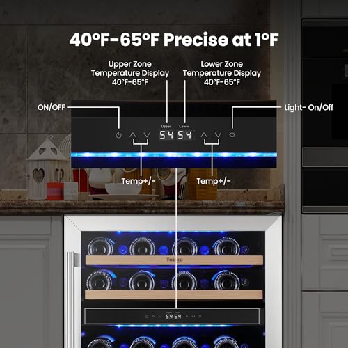 Image of Yeego Wine Fridge Cooler - 24 Inch Dual Zone Wine Fridge Hold 52 Bottles, 40-65F Wine Refrigerator Glass Door, Built in, Freestanding Under Counter Fridge for Beer Soda Drink Home Bar Office