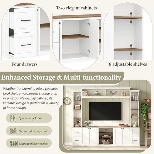 Image of 94.8 inchL Large Entertainment Center with Bookshelves and Drawers for TVs Up to 70'', Wall Unit Entertainment Center with Adjustable Shelves and Cabinet, Minimalist TV Stands for Living Room White
