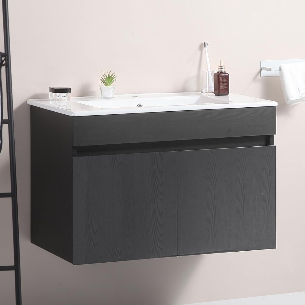 30" Wall Mounted Bathroom Vanity,Bathroom Vanity with White Ceramic Basin,Solid Wood,Excluding faucets,Two Soft Close Cabinet Doors,Black