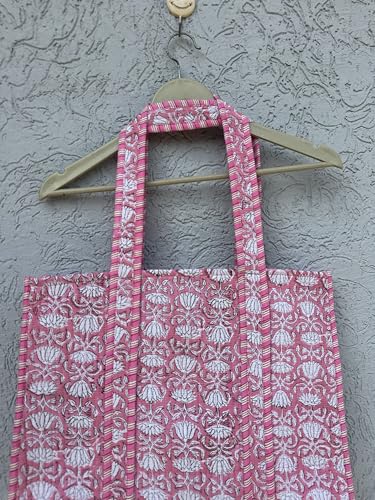 Image of Quilted Cotton Hand printed Reversible Large multicolor cotton Tote Bag,Indian Handmade Block Printed Tote Bag Women Handbag