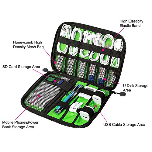 YuCool Cable Organizer Electronics Accessories Case, 2 Pack Portable Travel Bag for Hard Drive, USB, Phone Charger, Charging Cable, Power Bank - Black, Blue - Thumbnail 3