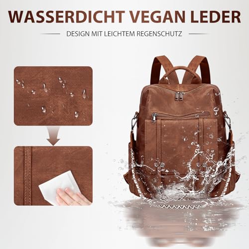 Leathario Rucksakck Damen Wasserdicht,Veganes Leder Cityrucksack,Rucksackhandtasche Mittelgroß, Diebstahlsich Tagesrucksack für Büro,Pendeln,Arbeit,Leicht Elegant Backpack Women Groß für Reise,Braun