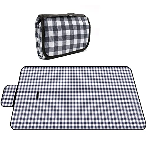 Outdoor-Picknickdecke, große Stranddecke mit wasserdichter Unterseite, widerstandsfähige Matte mit Tragegriff, faltbar und leicht, Reisen auf Gras (200 x 200 cm, blaues und weißes Gitter) Cover
