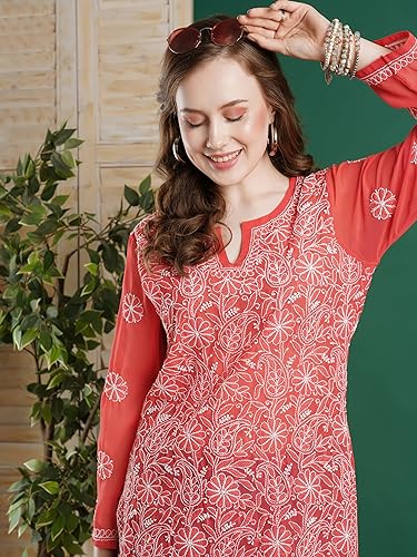 Image of Ada Women's Georgette Regular Fit Chikankari Hand Embroidered Lucknow Short Kurti Top A911224