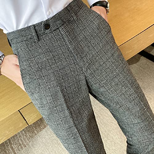 Men British Slim Casual Plaid Trousers Stretch Stripe Pants with Pockets Plaid Flat-Front Business Party Pencil Pant4