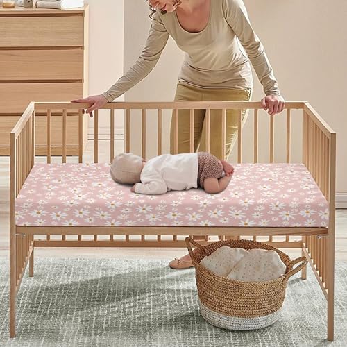 Image of Daisy Fitted Crib Sheet White and Yellow Flowers Camomile Standard Crib Mattress Fitted Sheet Pink Baby Toddler Bed Mattress Sheets for Girls 28 inchx52 inch