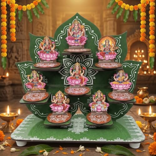 Image of Ashtalakshmi MDF Idol Set with Detachable Display Stand | 8 Lakshmi Idols with Separate Bases | Pooja Mandir Decor for Varalakshmi Vratam, Diwali and Housewarming(Green)