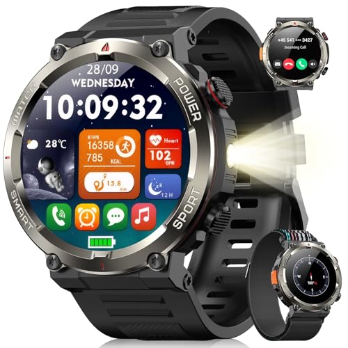 Blackview Reloj Inteligente Hombre con Linterna y Brújula, 1,45' Smartwatch con Llamadas Bluetooth, Pulsómetro, Oxímetro, Monitor de Sueño, Podómetro, 100+ Modos Deportivos, Batería Grande de 960 mAh