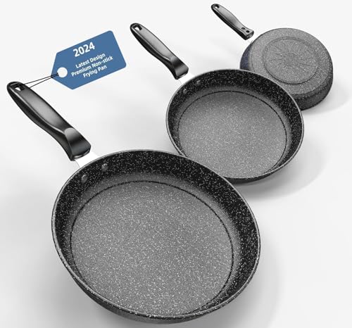 Kiseely Lot de 3 poêles 26/28/30cm, revêtement anti-adhésif en céramique sans PFAS avec de...