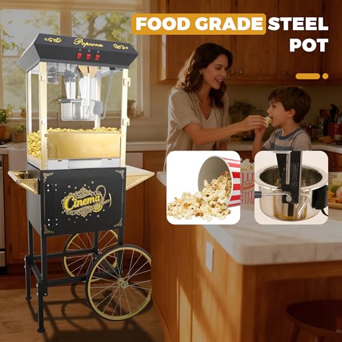 Image of Popcorn Machine with Cart & 16oz kettle for Home /Commercial (Black)
