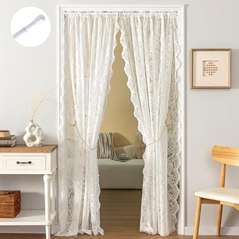 UNISTAR Lace Sheer Door Curtains with Rod, Luxury Vintage Floral Lace Curtains for Livng Room Room Divider Closet Rod Pocket 55 W x 80 L Inch,White (2 Panels+Rod) Cover