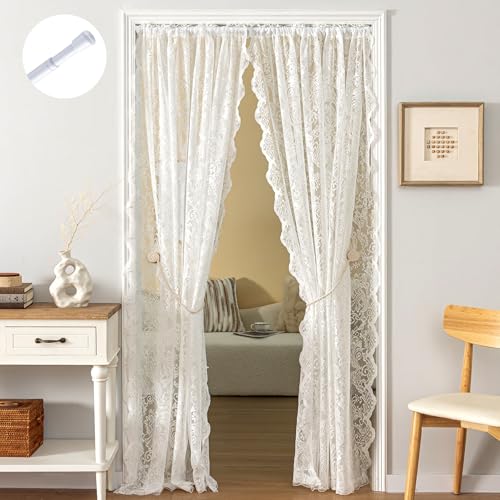UNISTAR Lace Sheer Door Curtains with Rod Luxury Vintage Floral Lace Curtains for Livng Room Room Divider Closet Rod Pocket 55 W x 80 L Inch White (2 Panels+Rod)