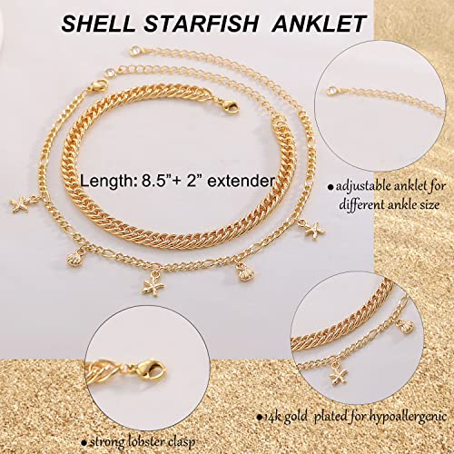 Honsny Gold Ankle Bracelets For Women,14K Gold Plated Cuban Link Anklets Set Layered Anklets For Women #TOP4