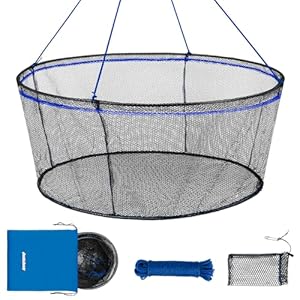 QualyQualy Foldable Fishing Net, Landing Fishing Pier Nets 31″/40″ Hoop, Drop Net for Pulling Up Fish with Rope, Portable Bridge Fishing Net for Minnows, Crawfish, Shrimp