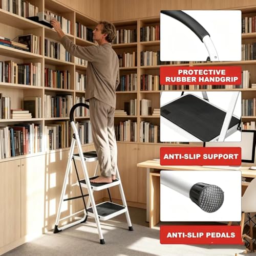 Image of Torin 3 Step Ladder, Folding Lightweight Step Stool with Anti-Slip Pedal & Comfortable Handle, for Home, Garden, Household, Offices, 400lbs Capacity