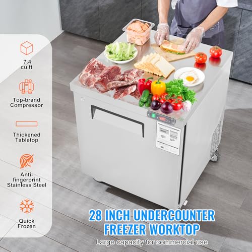 Image of VEVOR 28 inch W Commercial Freezer Worktop, 7.4 Cu. Ft Undercounter Freezers with /Casters, <0~-8℉>Defrost Frozen Prep Table, Single Door Stainless Steel Food Frozen Prep Station for Restaurant, Diner