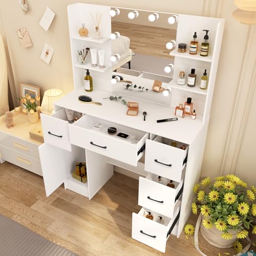 Tocador blanco con espejo iluminado LED, mesa de maquillaje con luces y cajones, escritorio de tocador con 5 cajones y 1 armario, juego de tocador con taburete, muebles de dormitorio para mujeres y