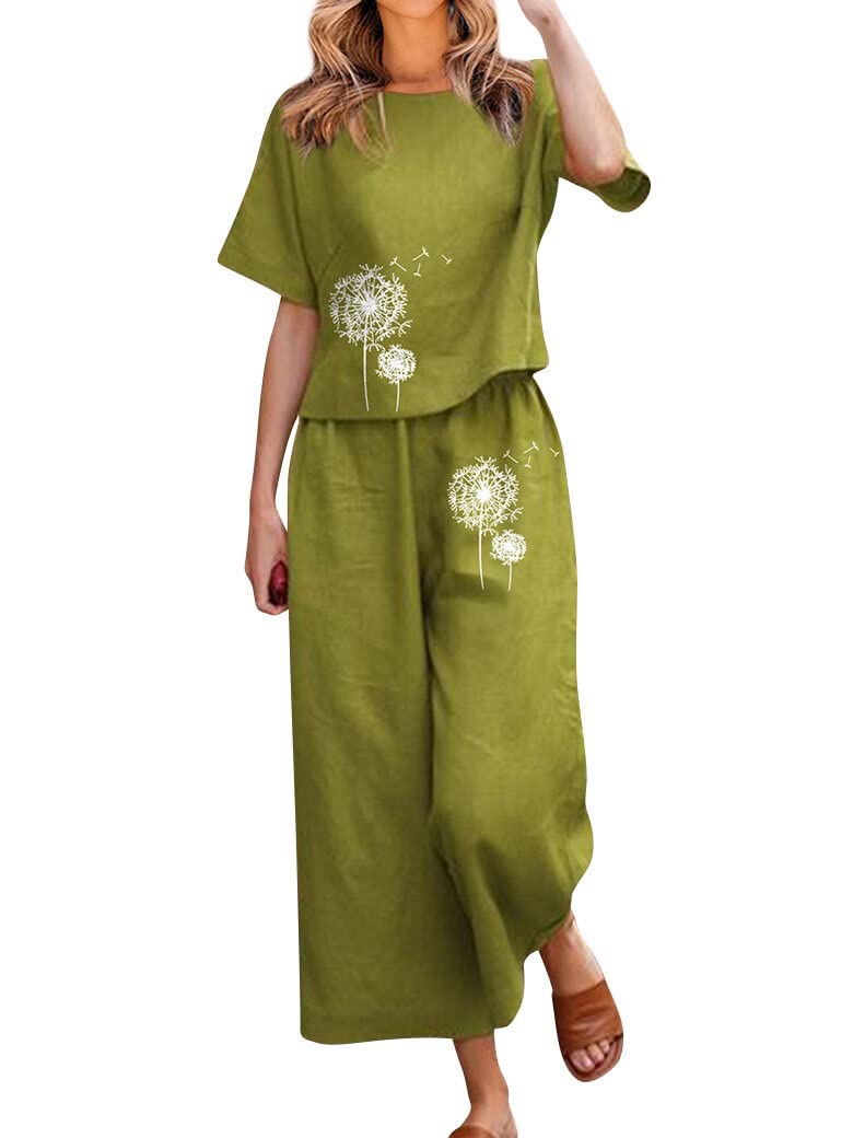 2 Piece Outfits for Women Linen Summer Short Sleeve Crewneck Dandelion Printed Graphic Tops Loose Pants Suits Light Green