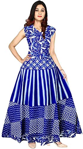 MATKEWALAZ Women's Cotton Jaipuri Sanganeri Print Midi Long Dress Cotton Printed Maxi Dress A-Line Cotton Gown Dress Maxi Hand Block