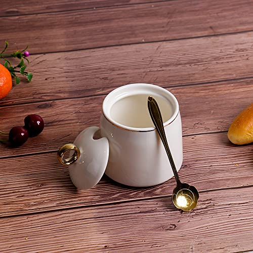 Ceramics Sugar Bowl Saltbox With Lid And Spoon Condiment Pots Seasoning Box 8Oz, Gold White #TOP2