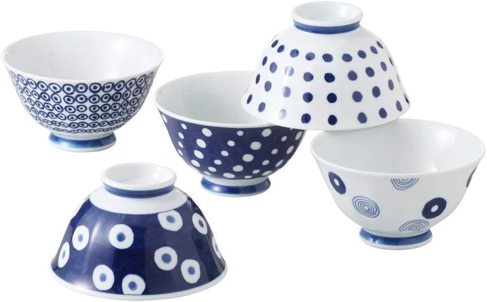 Traditional Japanese Indigo Blue Porcelain Bowls (5 Bowls 5 Patterns Set) 13303 from Japan