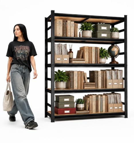 Image of 5 Tier Book Shelf, Adjustable Tall Bookcase with Wood Shelves