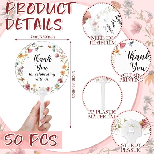 Image of Geelin 50 Pcs Wildflower Wedding Fans for Guest Transparent Acrylic Baby Shower Bridal Shower Handheld Favor Fans for Summer Wedding Bridesmaid Gift for Hot Outdoor Ceremony