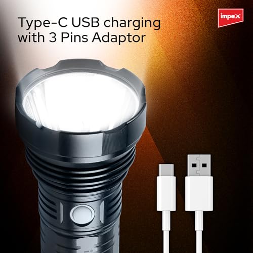 Image of Impex Rechargeable Torch Flashlight Ultra X20 | Ultra Bright LED Light 20 Watts and 6600 MAh Battery for trecking, Hunting, Camping | C Type Charger | 2 Year Warranty
