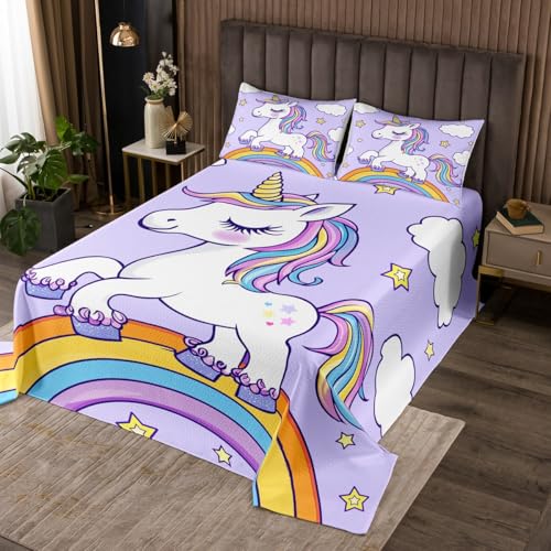 Manfei Rainbow Unicorn Quilts Set,Purple Unicorn Kids Cartoon 2Pcs Bedspread Coverlet Set,Stars Cloud for Girls Bed Cover Set,Kids Teens Children Bedspread Coverlet with 1 Pillowshams (Twin Size)