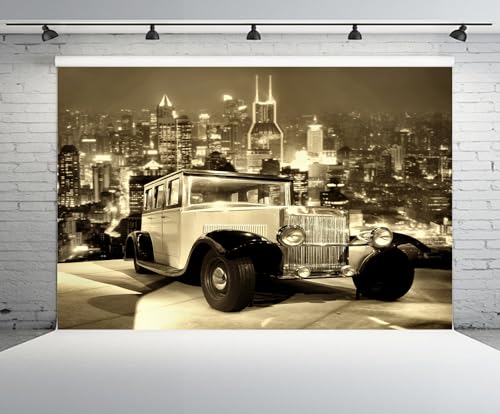 CHNYWORK 7x5ft Vintage Luxury Old Car Backdrop City Night View Retro Theme Harlem Nights Party Background Luxury Night Theme Party Wedding Adults Birthday Decorations Photo Studio Props
