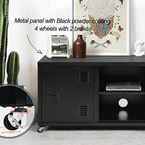 FurnitureR Metal Locker Teens Storage Cabinet 3 Doors 2 Tier Shelves Removable Rolling Wheels (Black) - Thumbnail 2