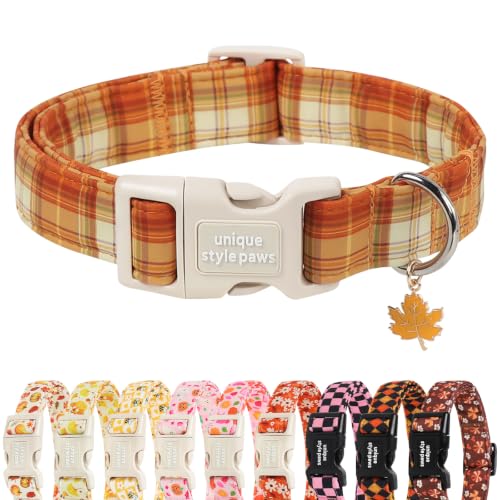 Unique style paws Autumn Orange Grid Dog Collar Plastic Buckle with Pendant Puppy Collar for Autumn Orange Plaid for Small Medium Large Boys Girls Dogs
