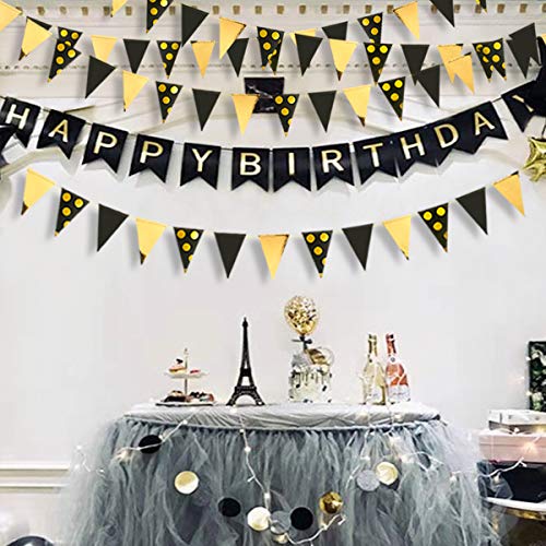 Image of 30Ft Black Gold Party Decorations Polka Dot Pennant Banner Paper Circle Dot Triangle Flags Bunting Garland for Wedding Bridal Shower Birthday Bachelorette Engagement Anniversary Holiday Party Supplies