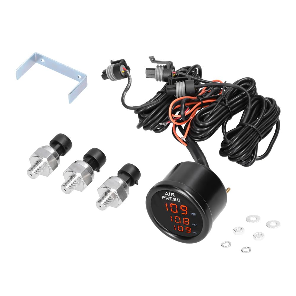 Qqmora Medidor de Suspensión Neumática Digital LED de 0-220 PSI con Pantalla Triple para Vehículos de 12/24 V, Material ABS Duradero, Fácil de Instalar, Incluye 3 Sensores