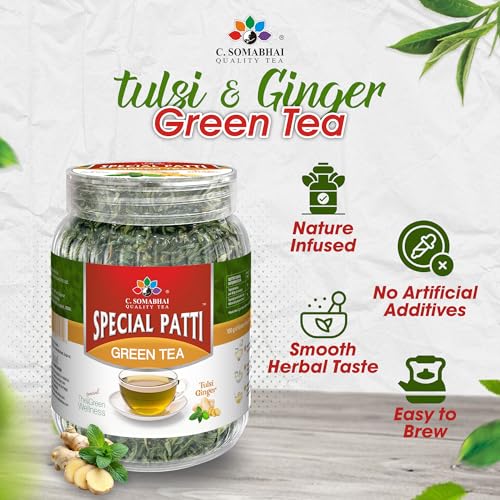 Image of C Somabhai Tulsi Ginger Green Tea 100g | Natural Herbal Green Tea | Antioxidant Rich | Refreshing & Soothing | Loose Leaf for Daily Wellness & Weight Management | Calming Detox Drink