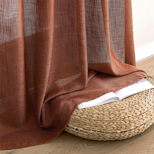 MIULEE Burnt Orange Linen Curtains 63 Inch Length 2 Panels for Bedroom Living Room, Soft Thick Linen Textured Kitchen Window Drapes Semi Sheer Light Filtering Back Tab Rod Pocket Terracotta Fall Decor