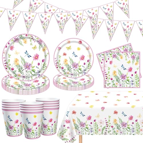 Embalagem de 83 suprimentos de festa de flores de primavera, pratos de papel floral, toalha de mesa, guardanapos, verão, flores silvestres, chá de bebé, aniversário, decoração de louça para primavera