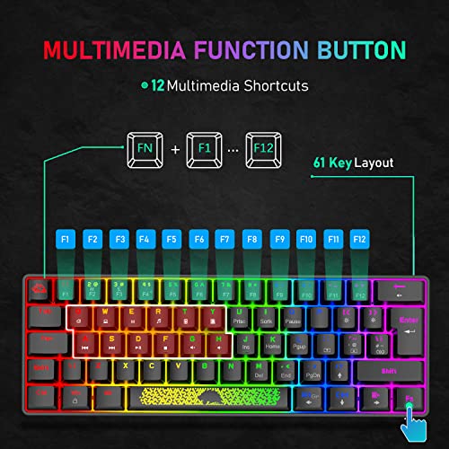 Felicon Portable 60% Mechanical Gaming Keyboard Type C Wired 62 Keys Led Usb Waterproof Mini Keyboard 20 Chroma Rgb Backlight Anti-Ghosting Keys+Extra Keycaps For Computer/Pc/Laptop/Mac #TOP7