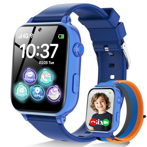 MOKAST 4G Kids Smart Watch for Boys Girls, Kid Watch Phone Ages 4-12 with Call, GPS, SOS, Video Call, Games, Camera, Alarm, Touchscreen Smartwatch for Children Birthday Gift (Includes SIM Card), Blue