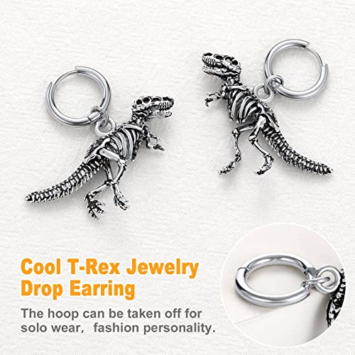 U7 Men Women Stainless Steel Tyrannosaurus Rex Skeleton Earrings Enamel Black 3D Dinosaur Dangle Earrings #TOP2