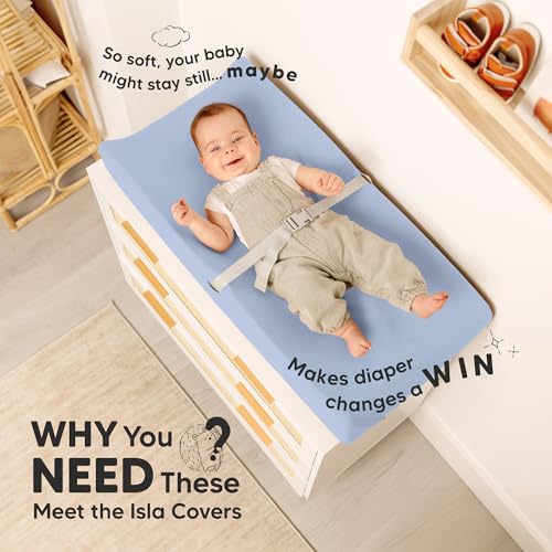 Image of 2-Pack Baby Changing Pad Cover for Girl, Boy - 34x18 Soft Viscose Derived from Bamboo Baby Diaper Changing Table Pad Cover Sheets, Neutral, Snug Fit Nursery Diaper Change Sheets (Blue Flax)